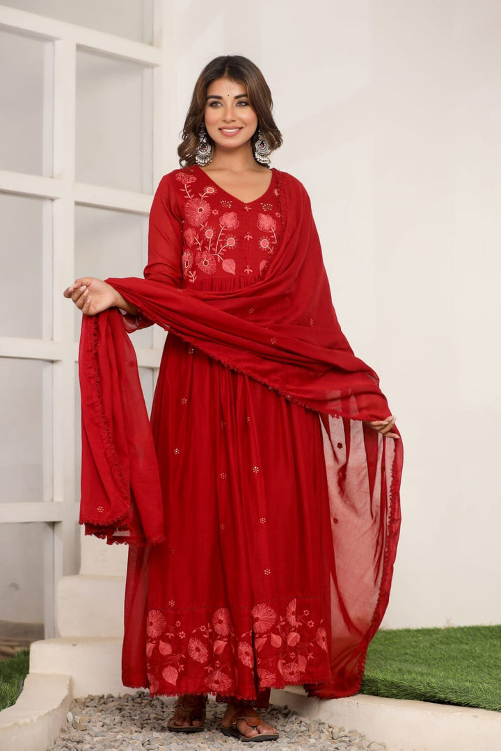 Red Cotton Anarkali 3 pc Suit