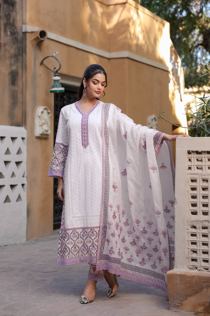 Cotton Schiffli 3 Piece Suit