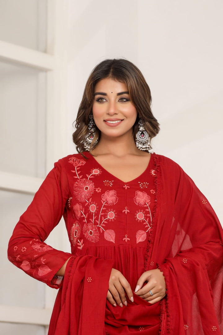 Red Cotton Anarkali 3 pc Suit