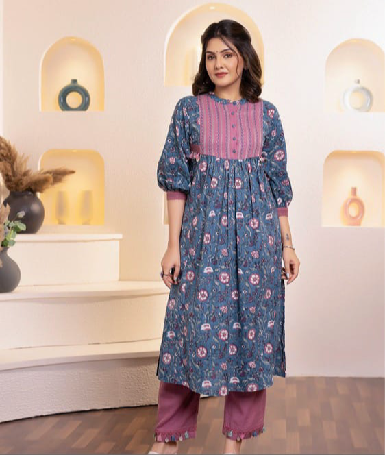 BLUE EMBROIDERED KURTA PANT SET