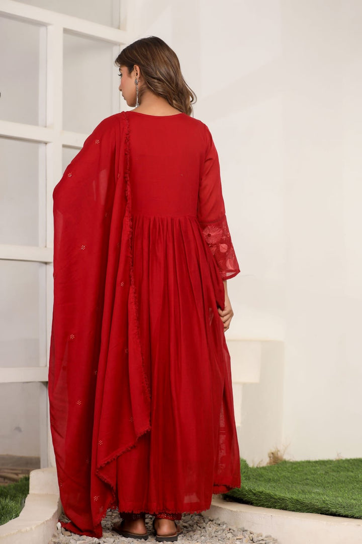 Red Cotton Anarkali 3 pc Suit