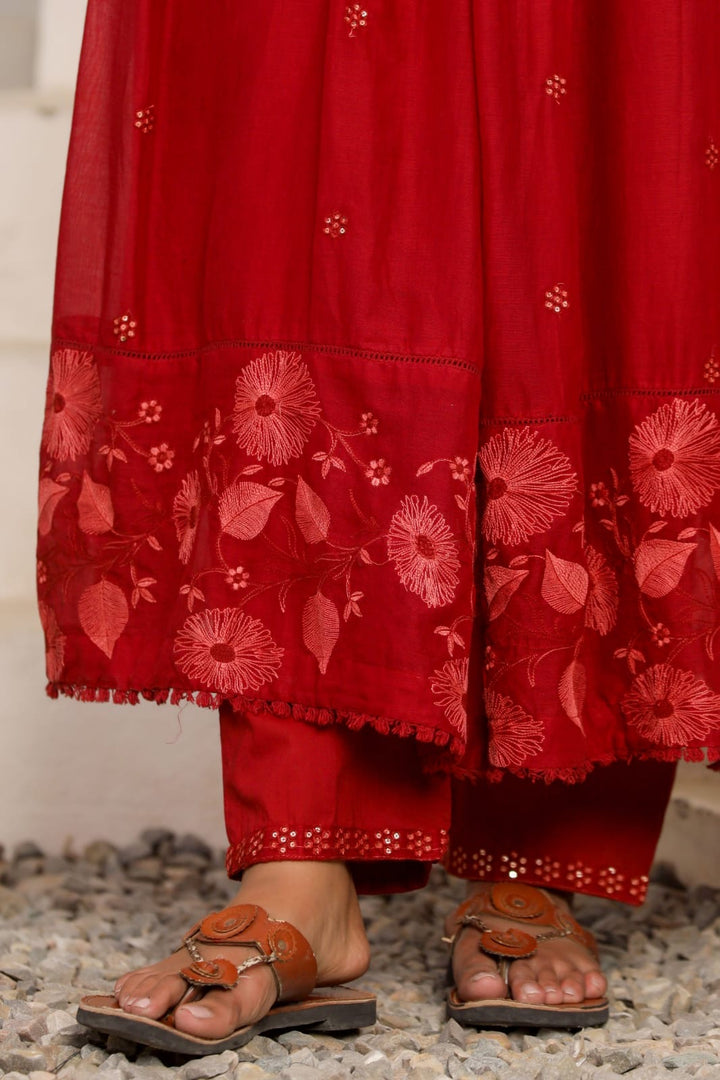 Red Cotton Anarkali 3 pc Suit