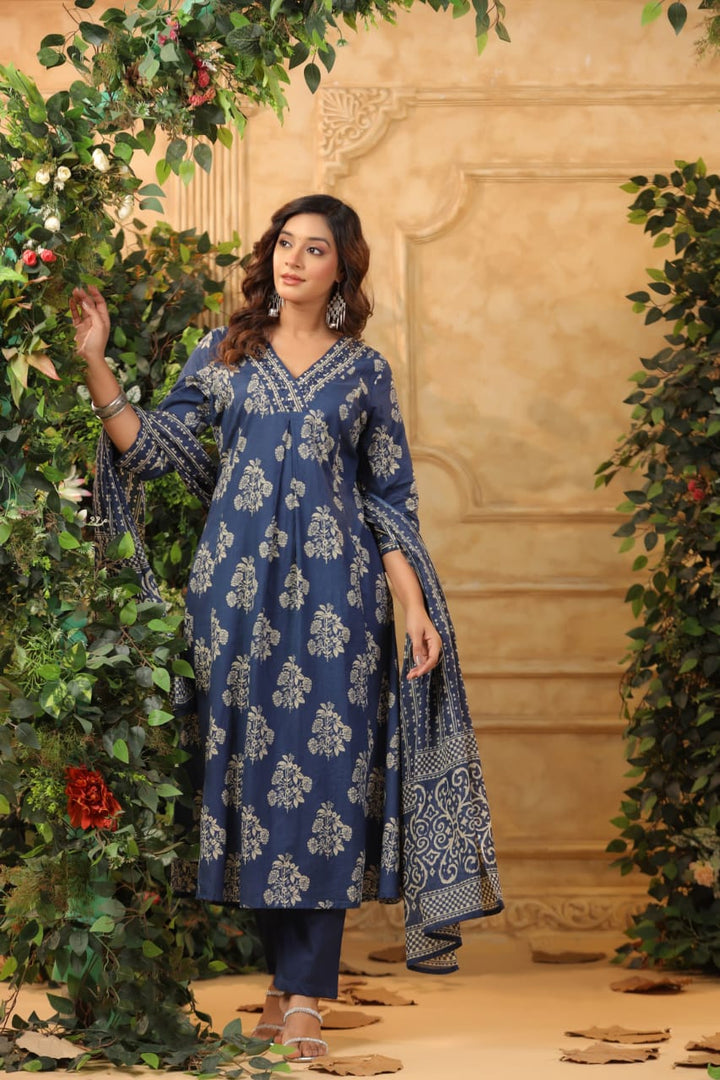 Blue Cotton 3 piece Suit