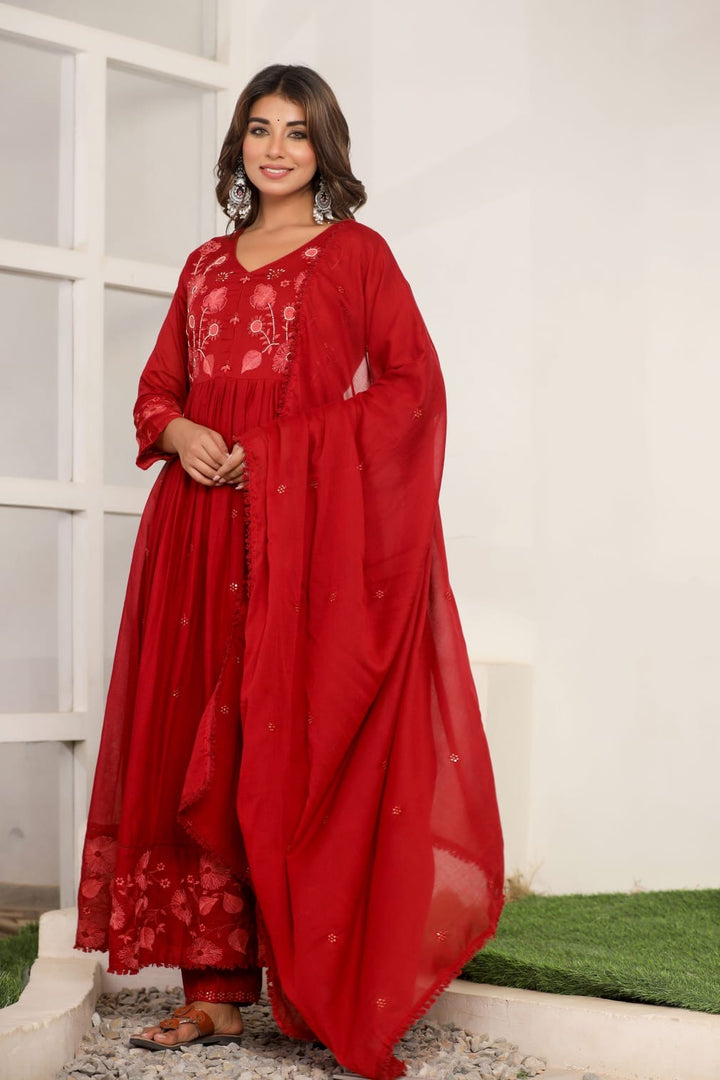 Red Cotton Anarkali 3 pc Suit