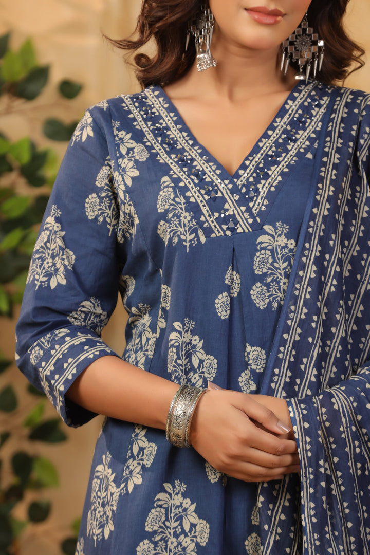Blue Cotton 3 piece Suit