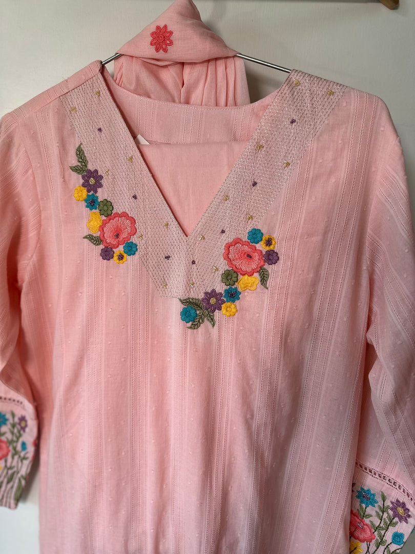 Embroidered Peach Cotton Suit with Dupatta