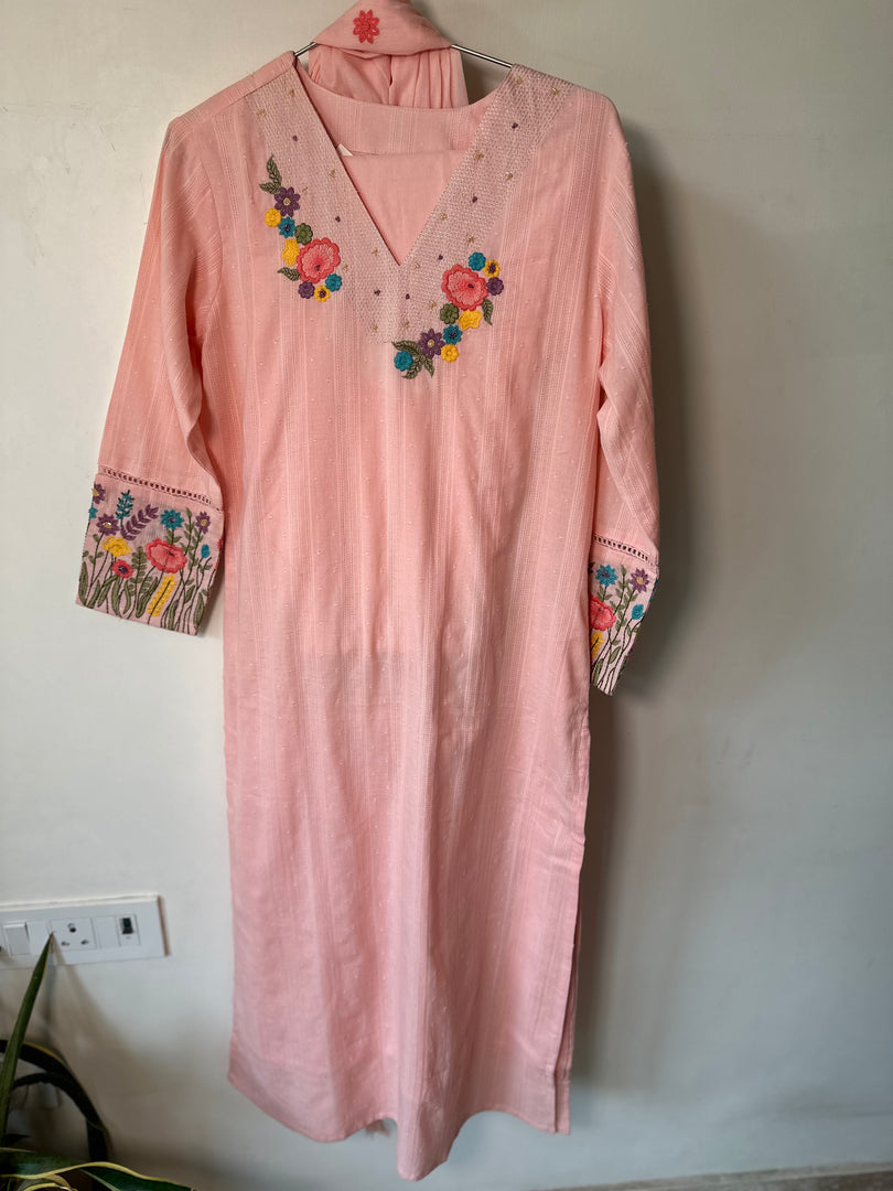 Embroidered Peach Cotton Suit with Dupatta