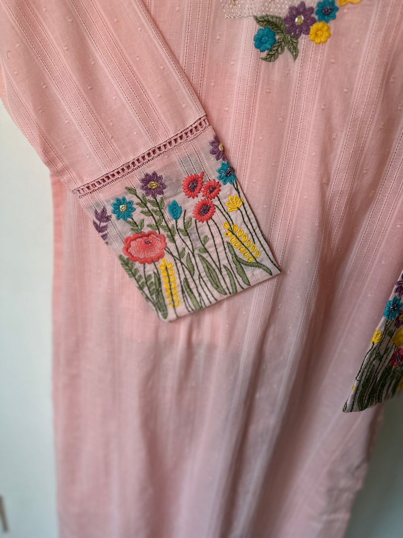 Embroidered Peach Cotton Suit with Dupatta