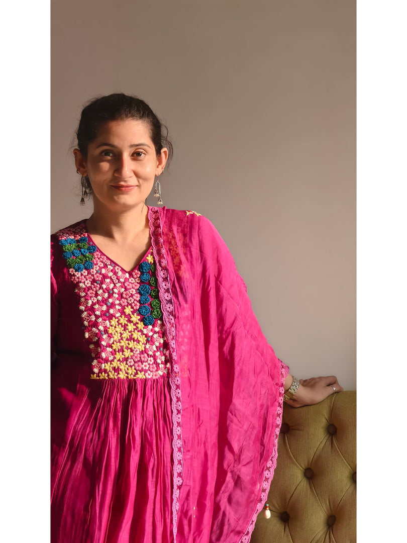 Phalsa Mul chanderi suit with intricate thread work