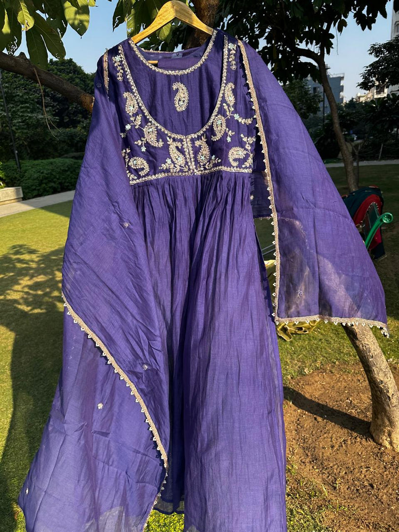 Purple Paisley motif Mul Chanderi 3 pc suit