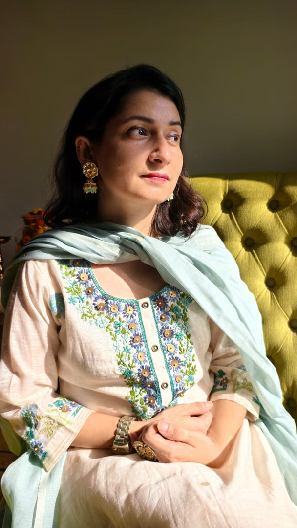 Off-white Chanderi suit with a Jamdani dupatta