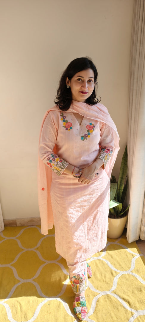 Embroidered Peach Cotton Suit with Dupatta