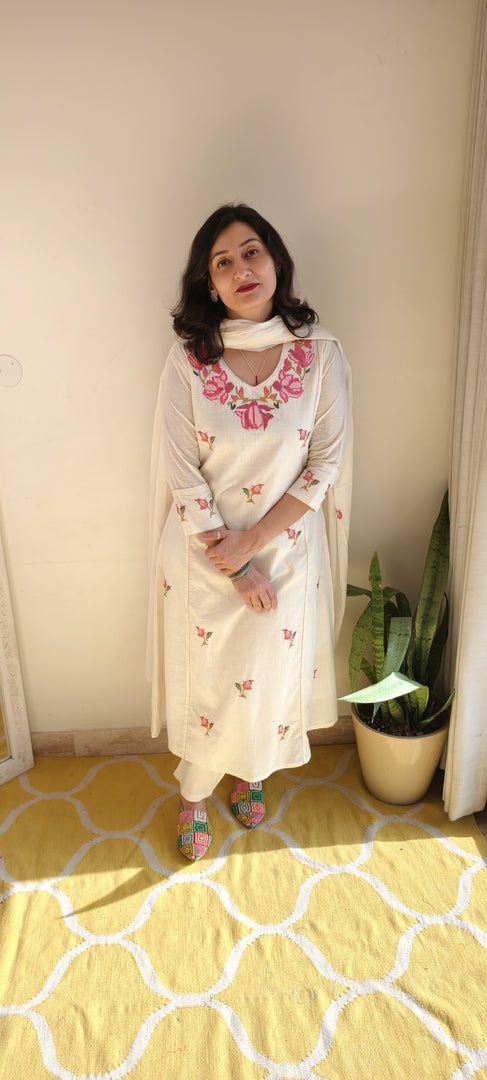 Off White Cotton Suit with Cross Stitch Embroidery