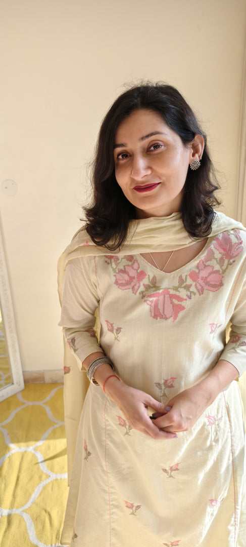 Pista Green Cotton Suit with Cross Stitch Embroidery