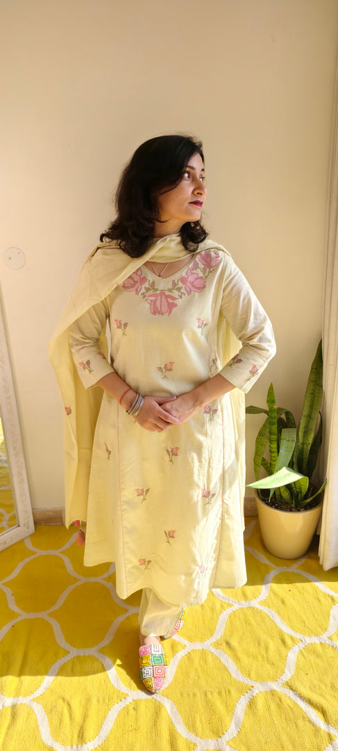 Pista Green Cotton Suit with Cross Stitch Embroidery