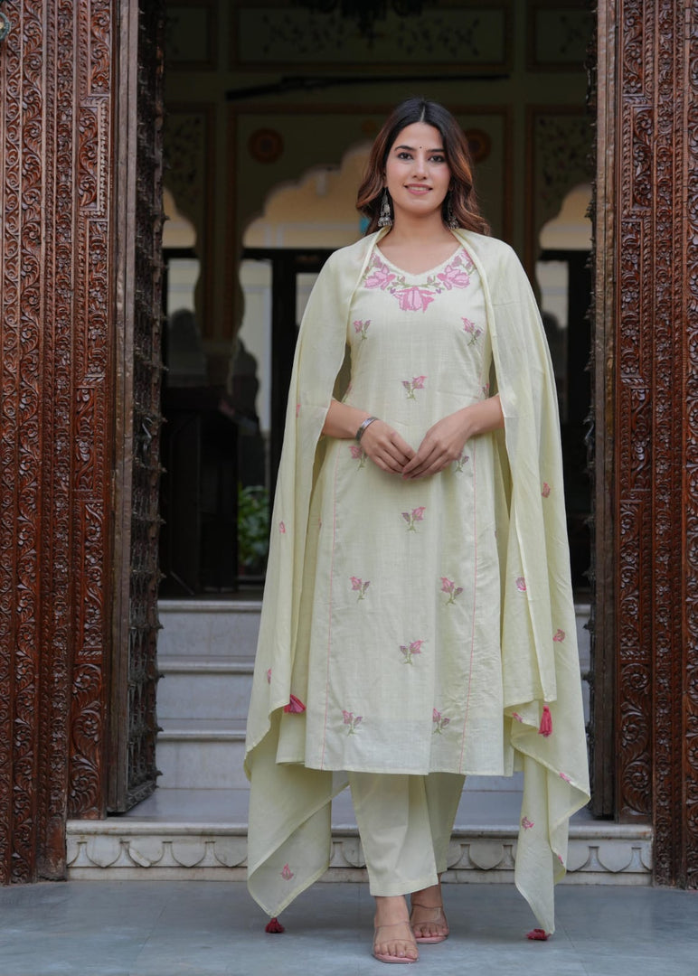 Pista Green Cotton Suit with Cross Stitch Embroidery