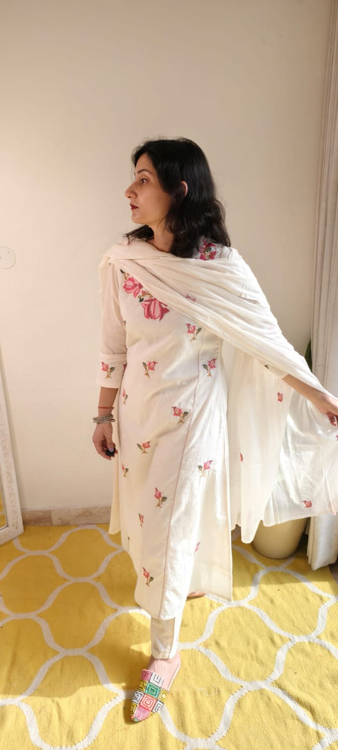 Off White Cotton Suit with Cross Stitch Embroidery