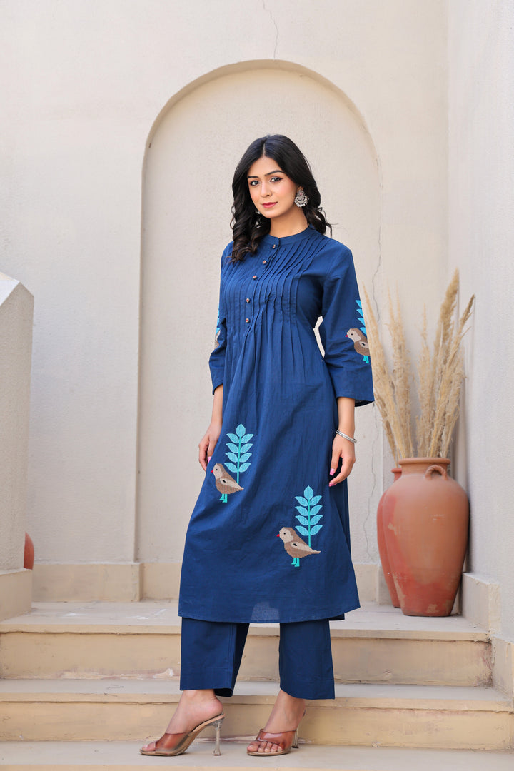 Oxford Blue kurta set with bird motifs