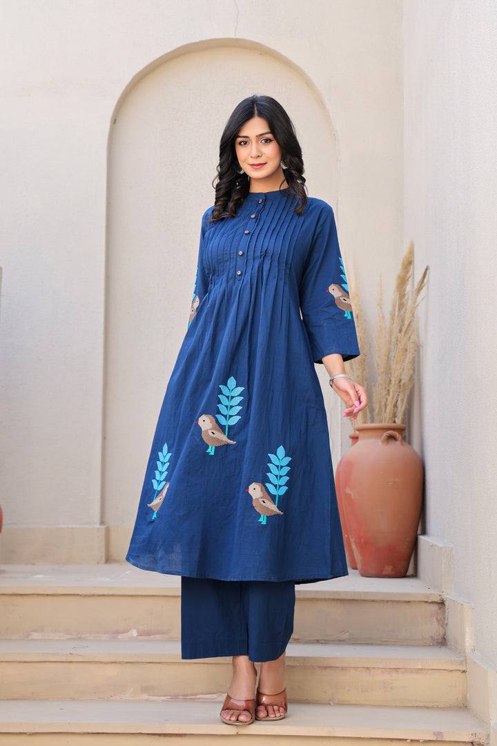 Oxford Blue kurta set with bird motifs