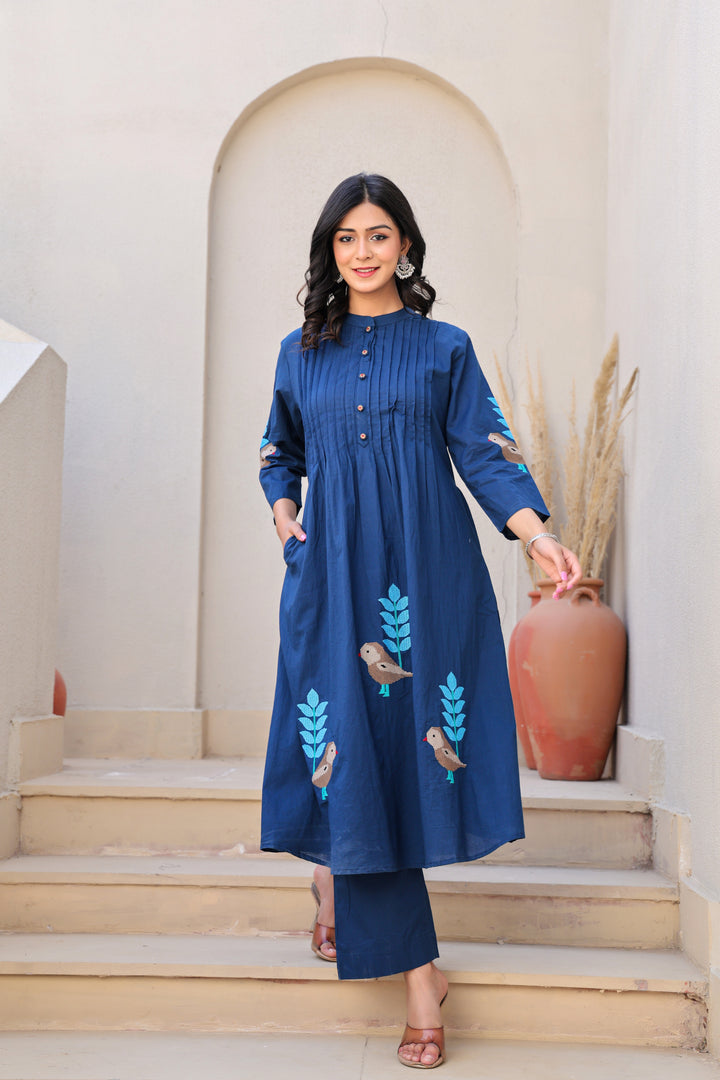 Oxford Blue kurta set with bird motifs