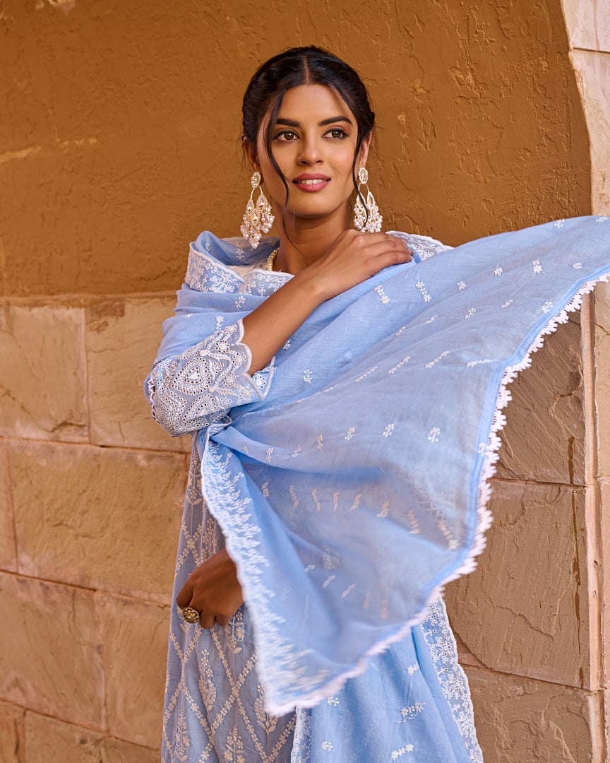 Blue Schiffli kurta set with dupatta