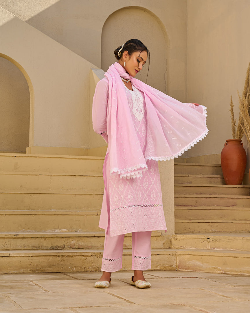 Pink Schiffli kurta set with dupatta