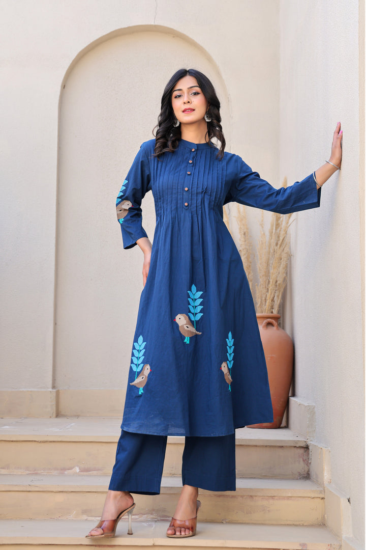 Oxford Blue kurta set with bird motifs