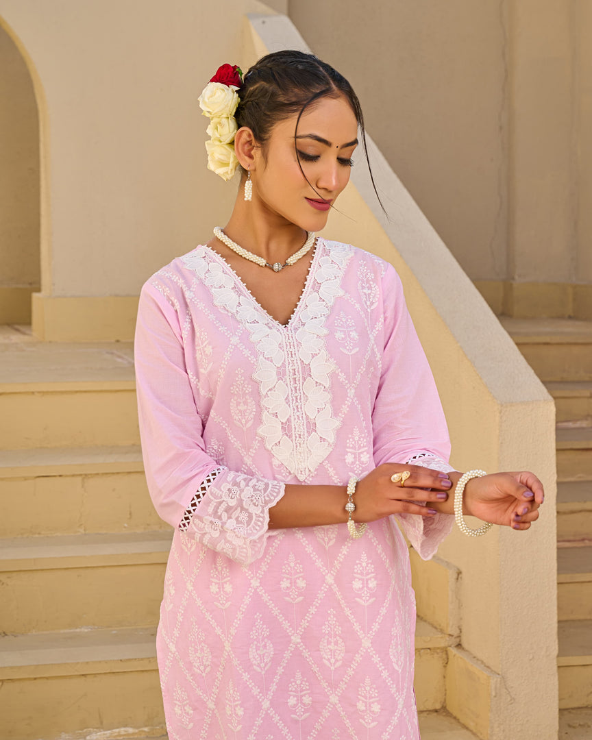 Pink Schiffli kurta set with dupatta
