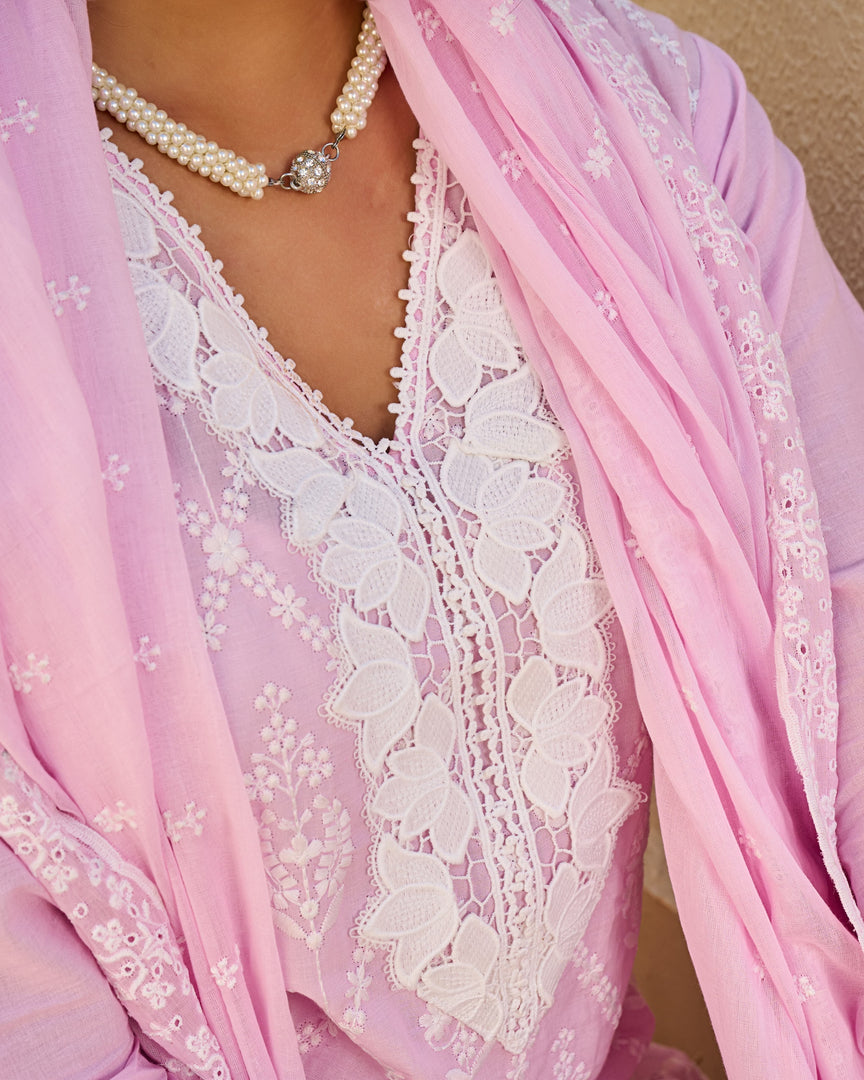 Pink Schiffli kurta set with dupatta