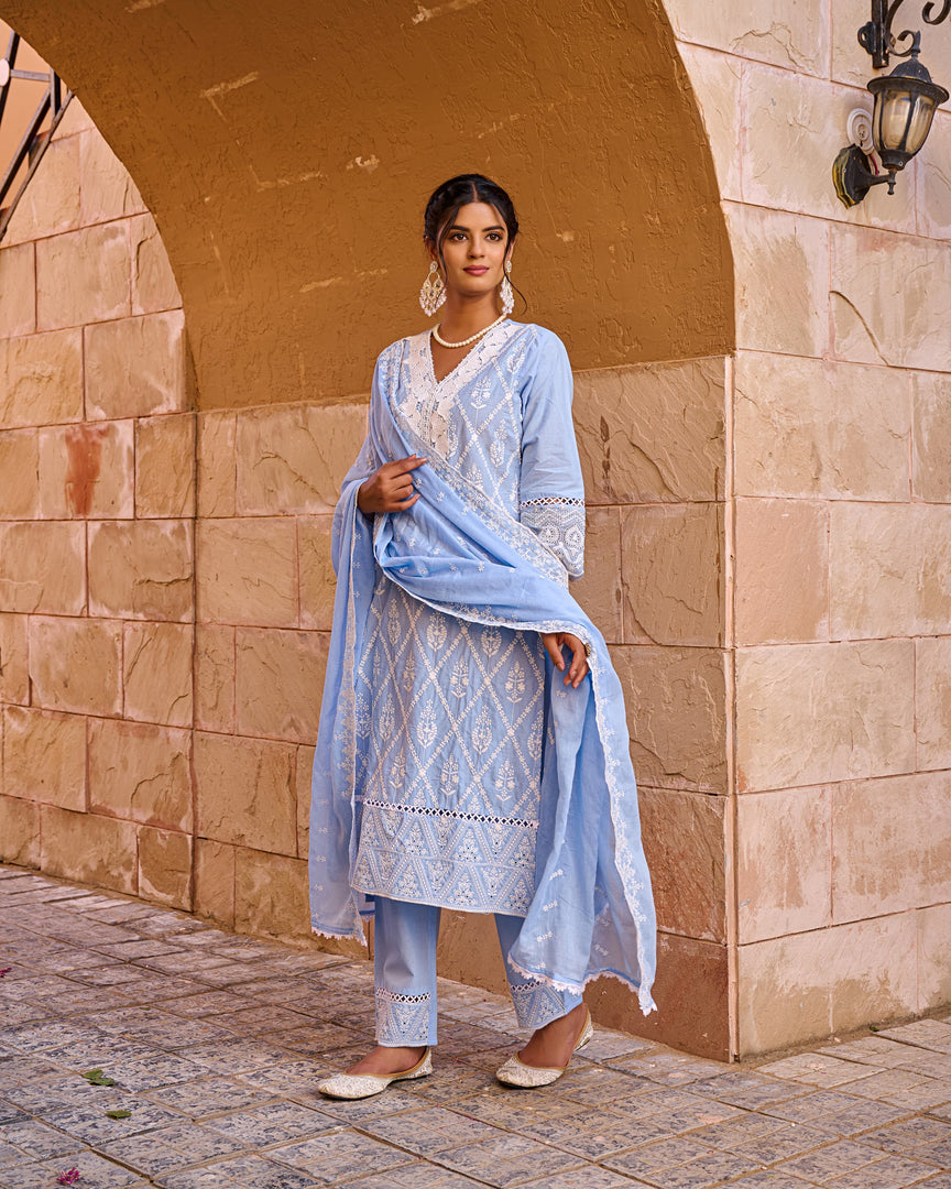 Blue Schiffli kurta set with dupatta