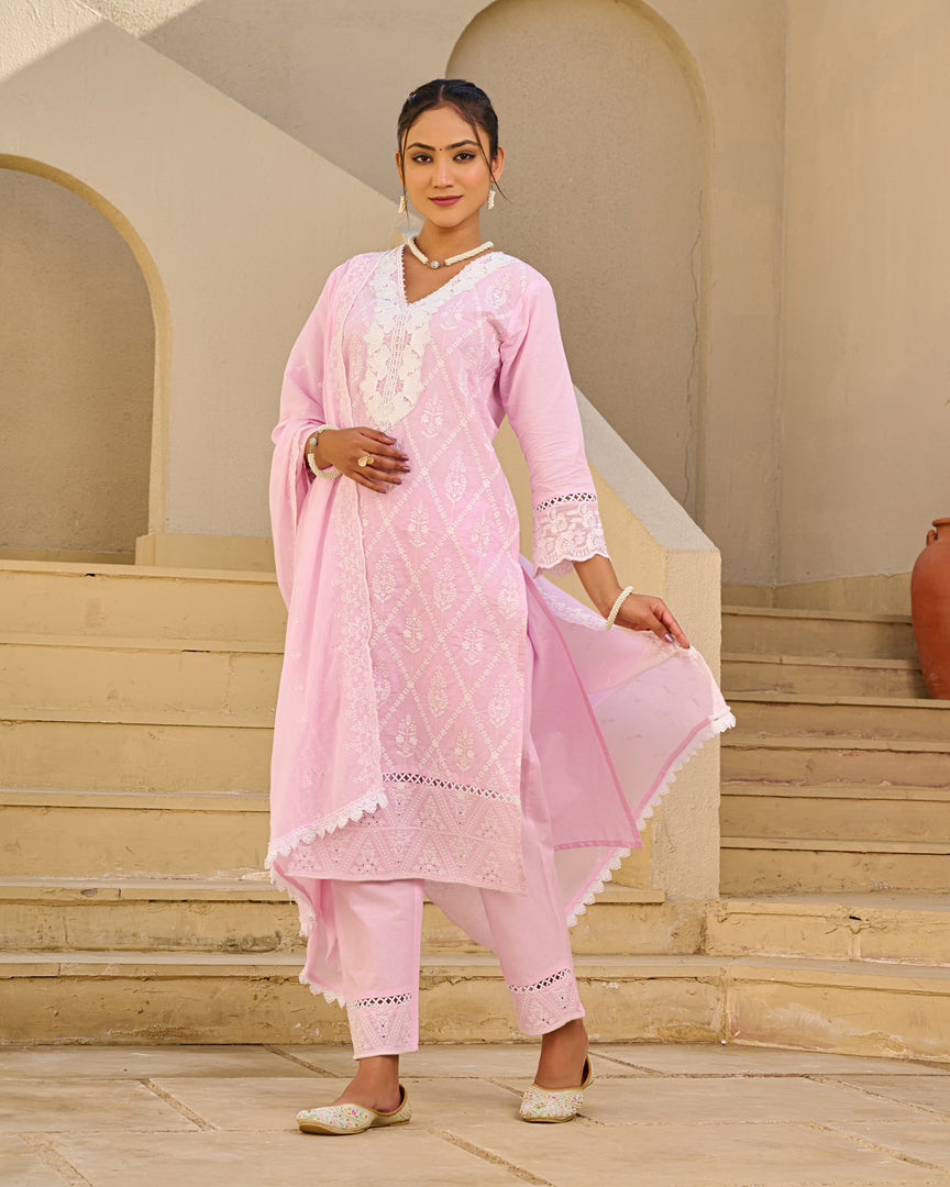 Pink Schiffli kurta set with dupatta