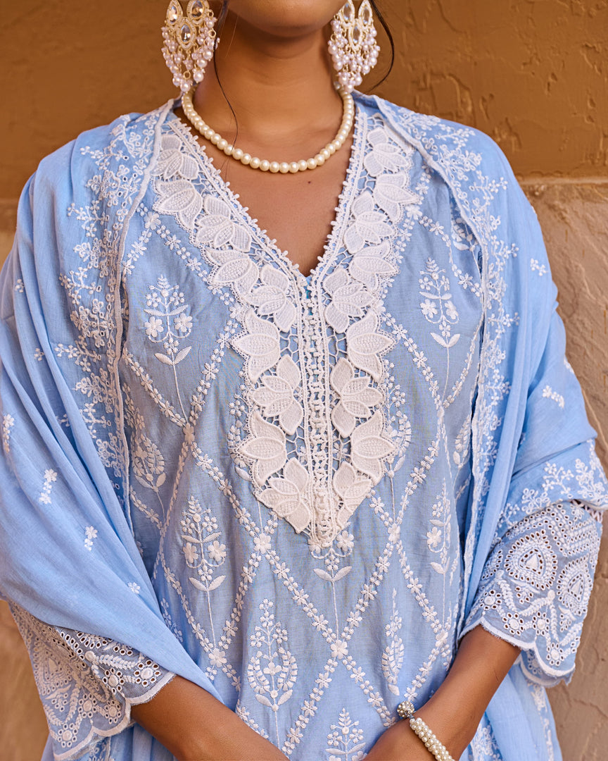 Blue Schiffli kurta set with dupatta