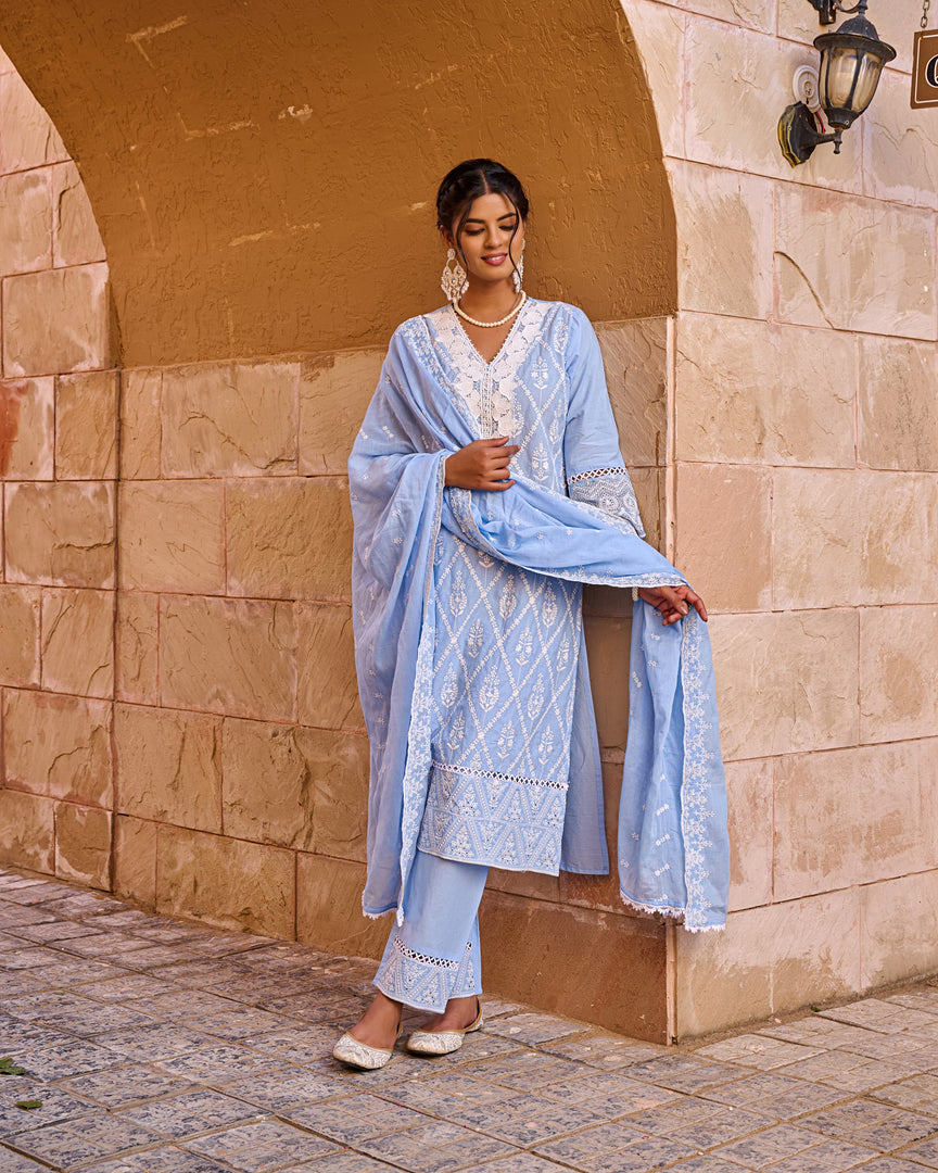 Blue Schiffli kurta set with dupatta