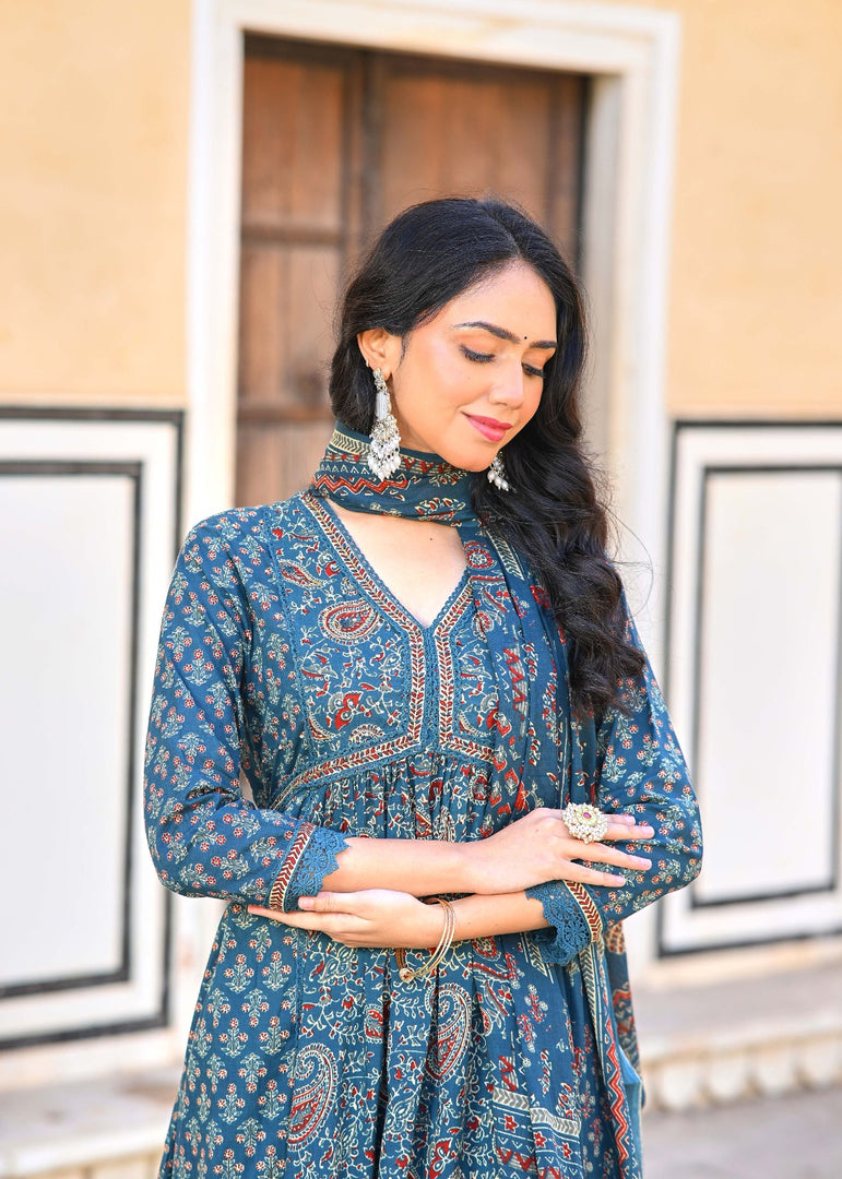 Floral Print Cotton Anarkali 3pc set