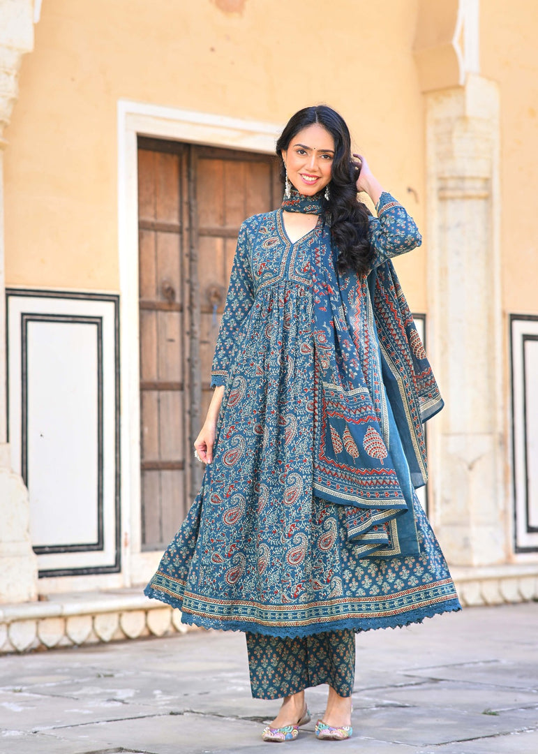 Floral Print Cotton Anarkali 3pc set
