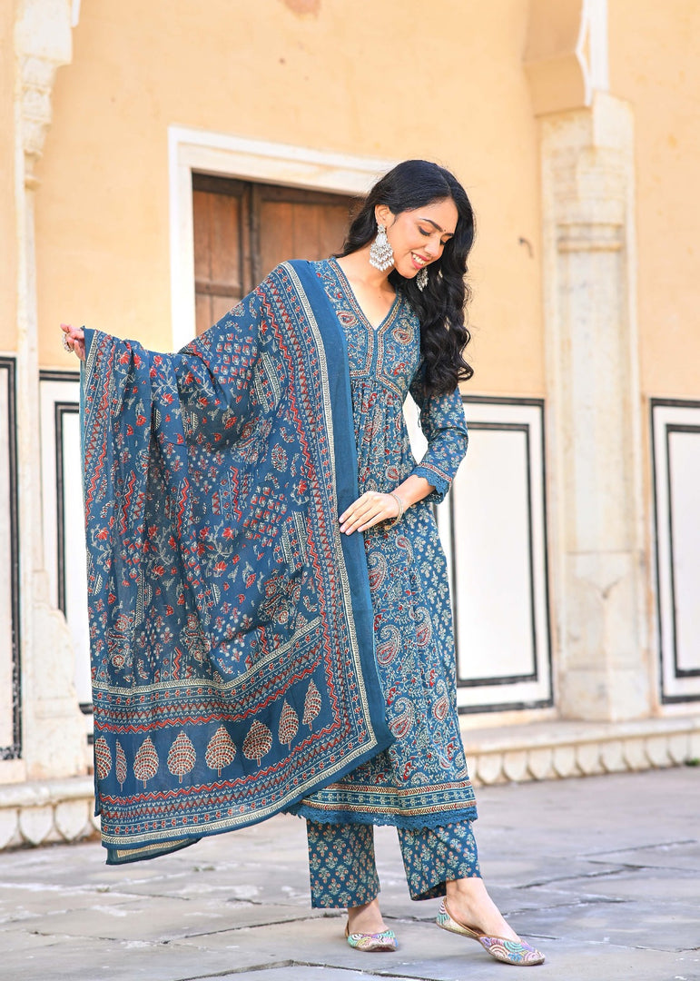 Floral Print Cotton Anarkali 3pc set