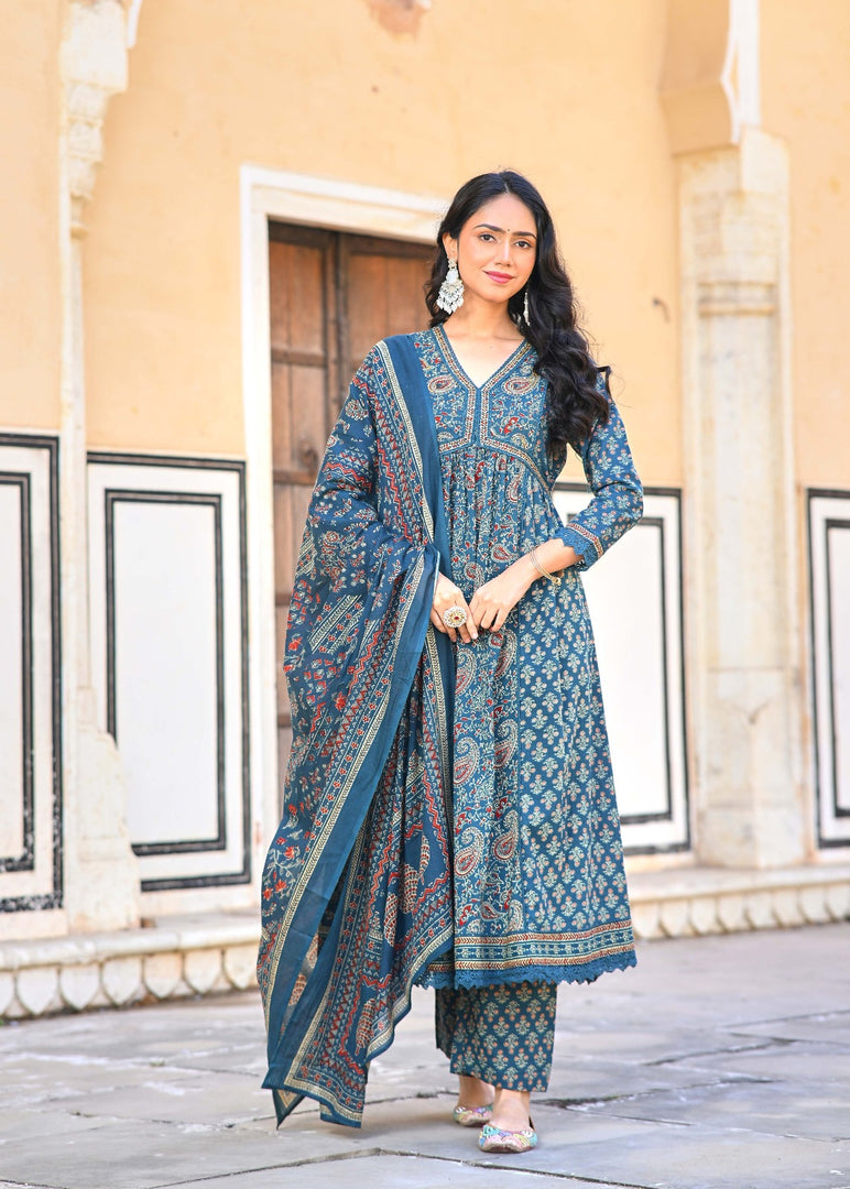 Floral Print Cotton Anarkali 3pc set