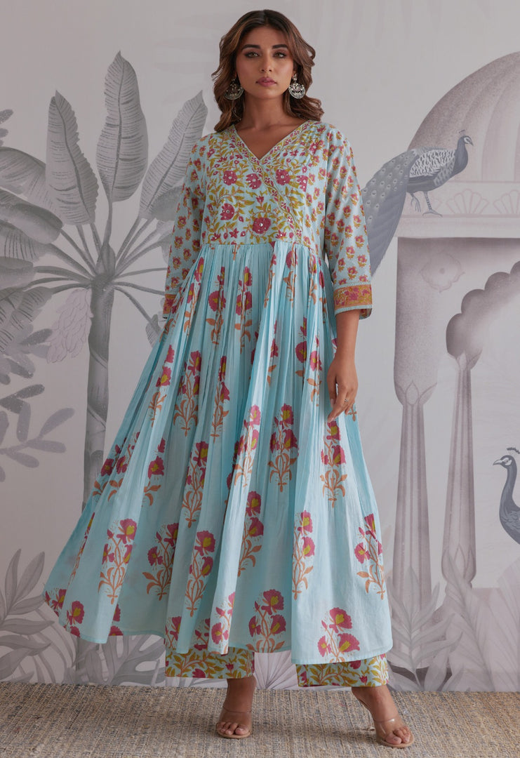 Turquoise Flared Anarkali with Floral Print