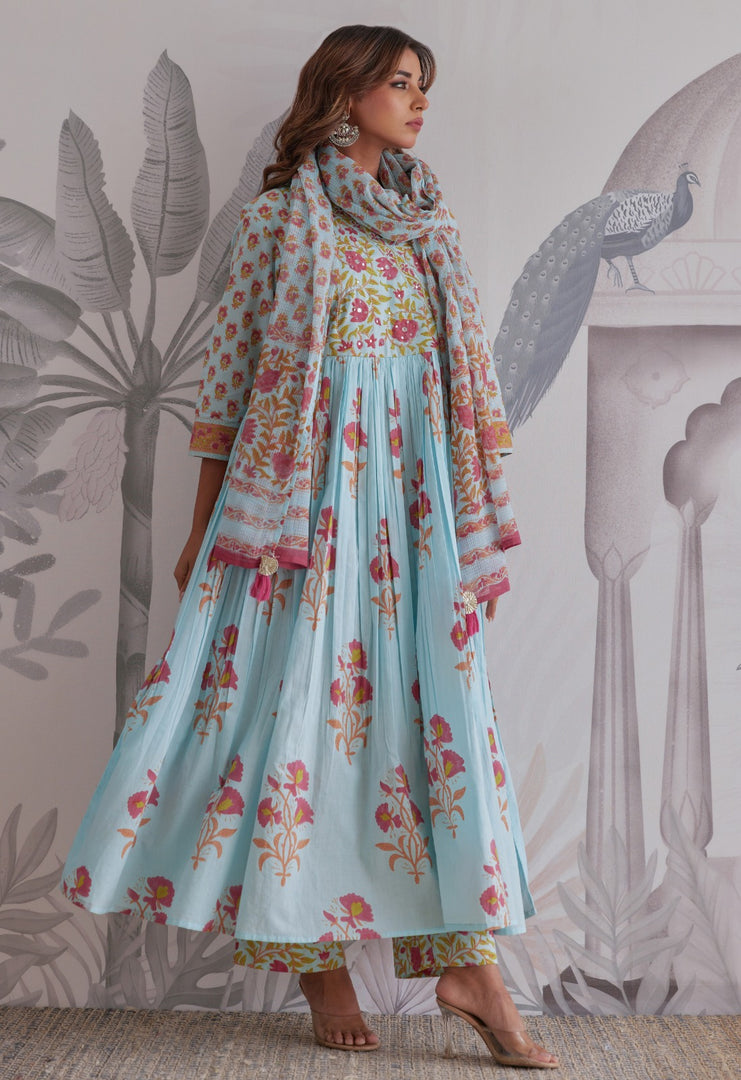 Turquoise Flared Anarkali with Floral Print