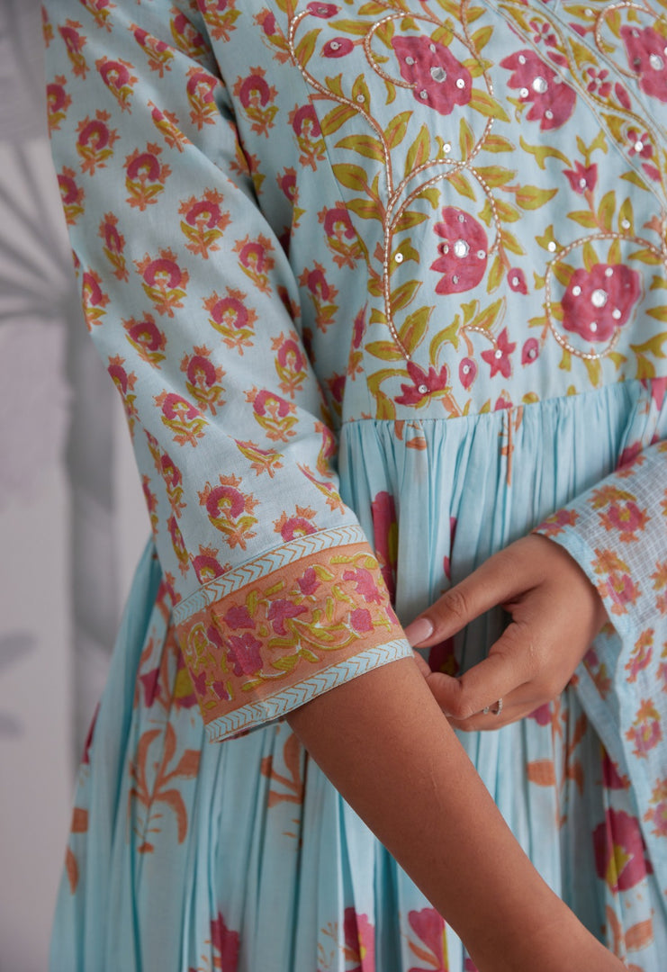 Turquoise Flared Anarkali with Floral Print