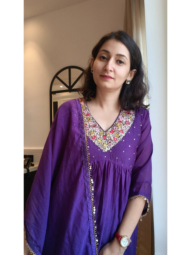 Purple Alia cut Mul Chanderi 3pc suit