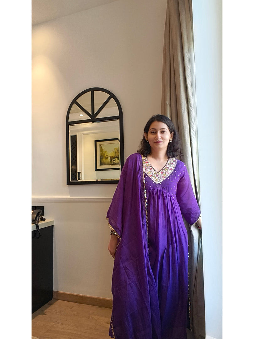 Purple Alia cut Mul Chanderi 3pc suit