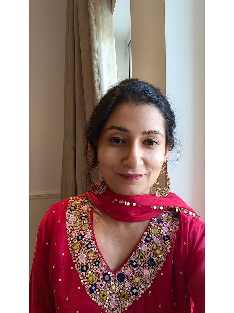 Red Alia cut Mul Chanderi 3pc suit