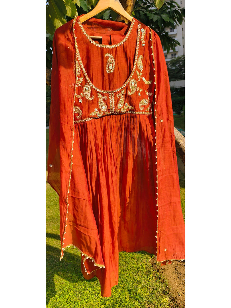 Rust Paisley motif Mul Chanderi 3 pc suit