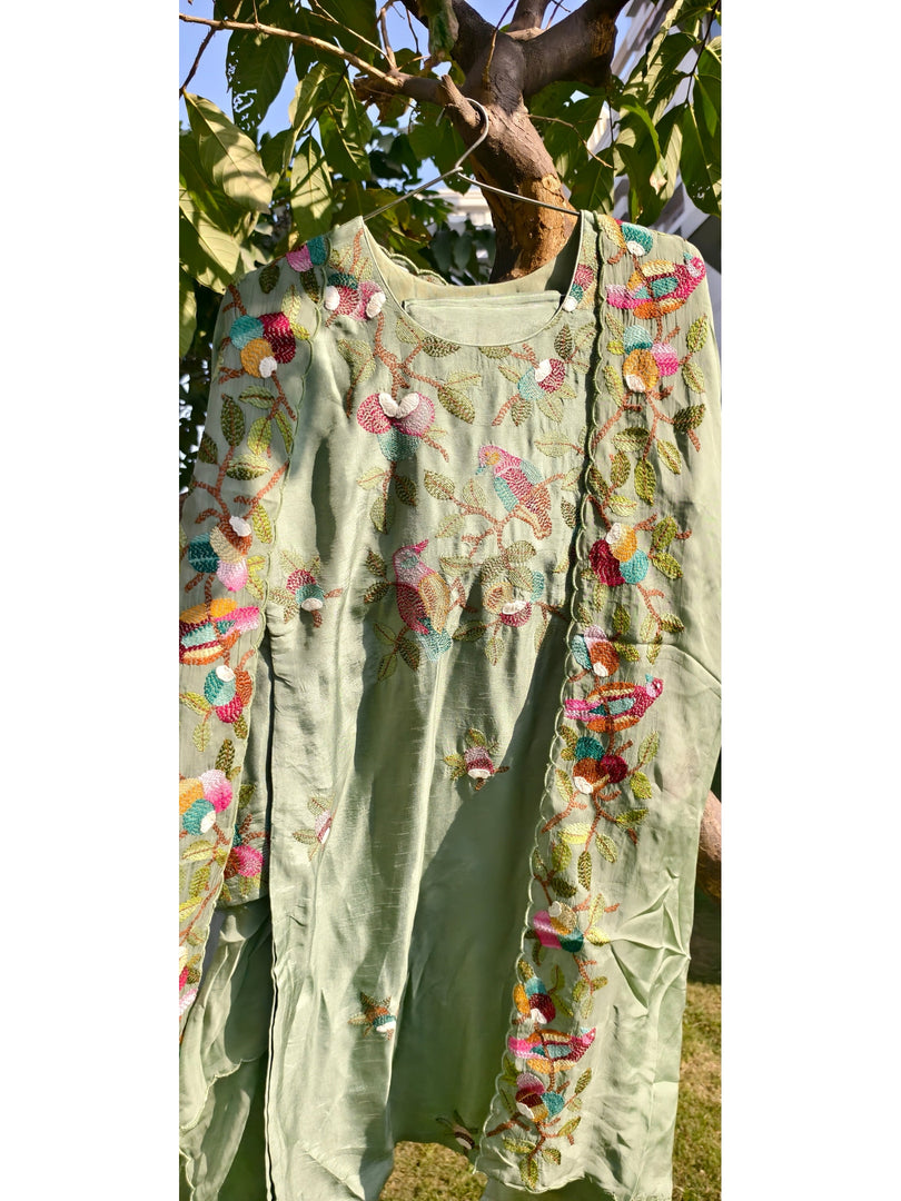 Kantha stitch green Dola silk 3 pc suit