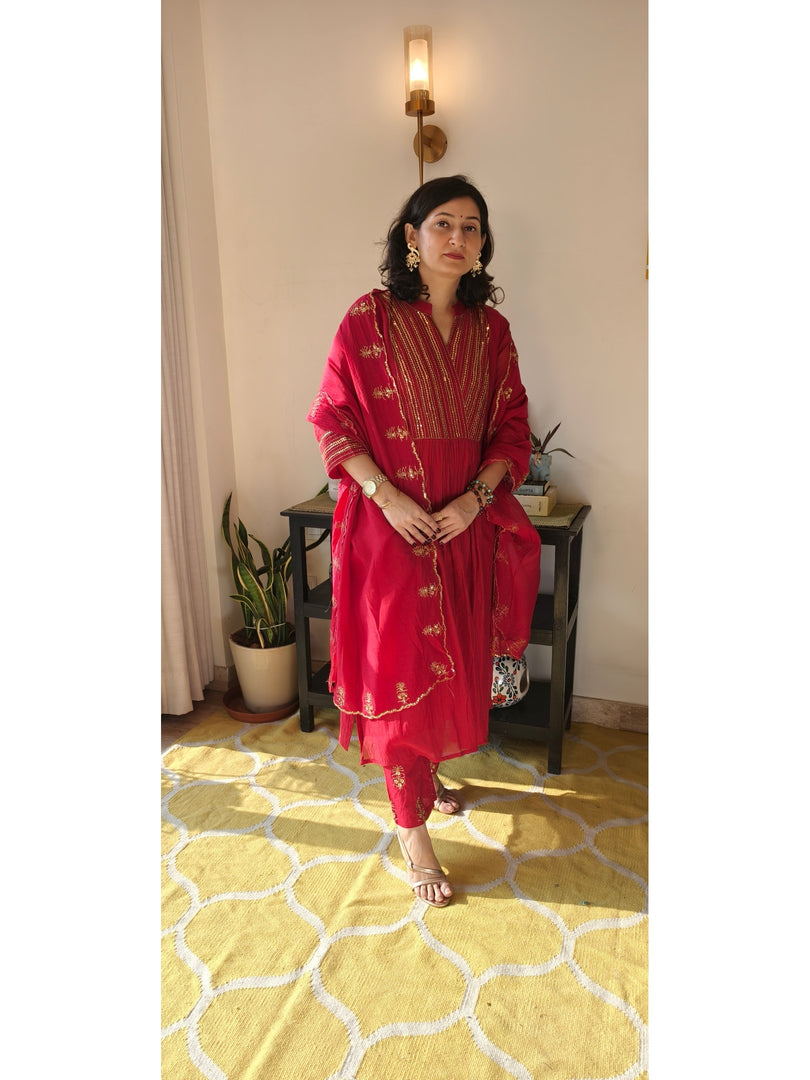 Red Mul Chanderi suit with sequins and zari work