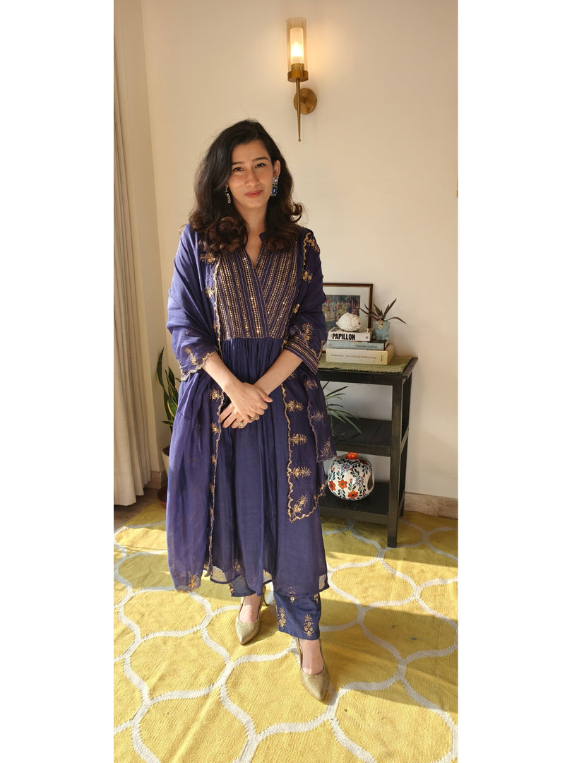 Purple Mul Chanderi suit with sequins and zari work