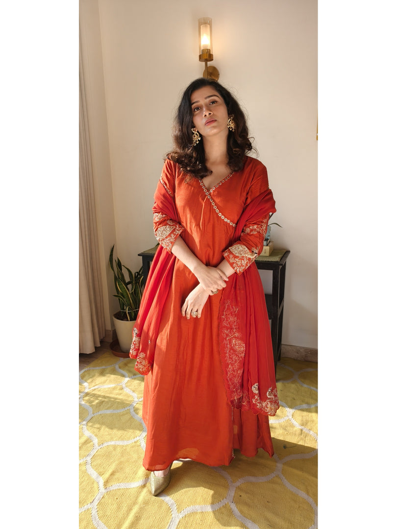 Rust Mul Chanderi angrakha suit with pita handwork