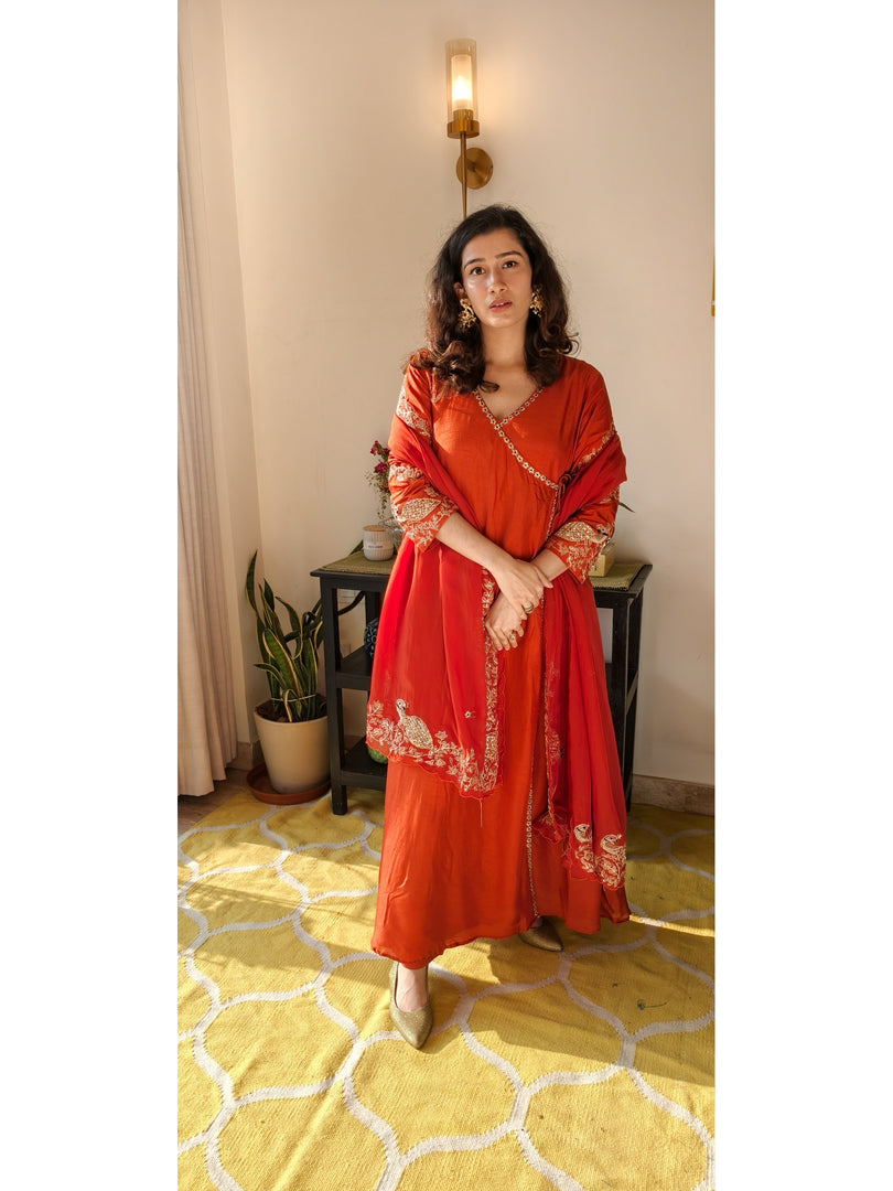 Rust Mul Chanderi angrakha suit with pita handwork