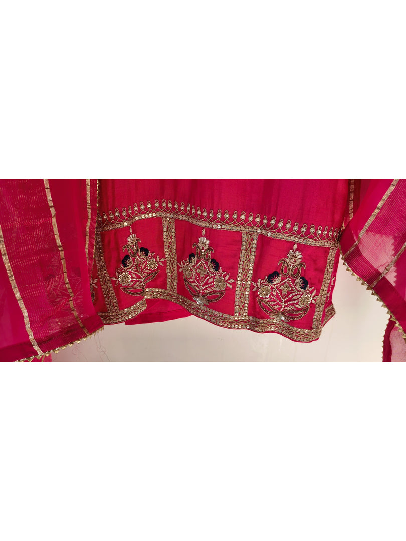 Fuchsia Dola silk suit with zari embroidery